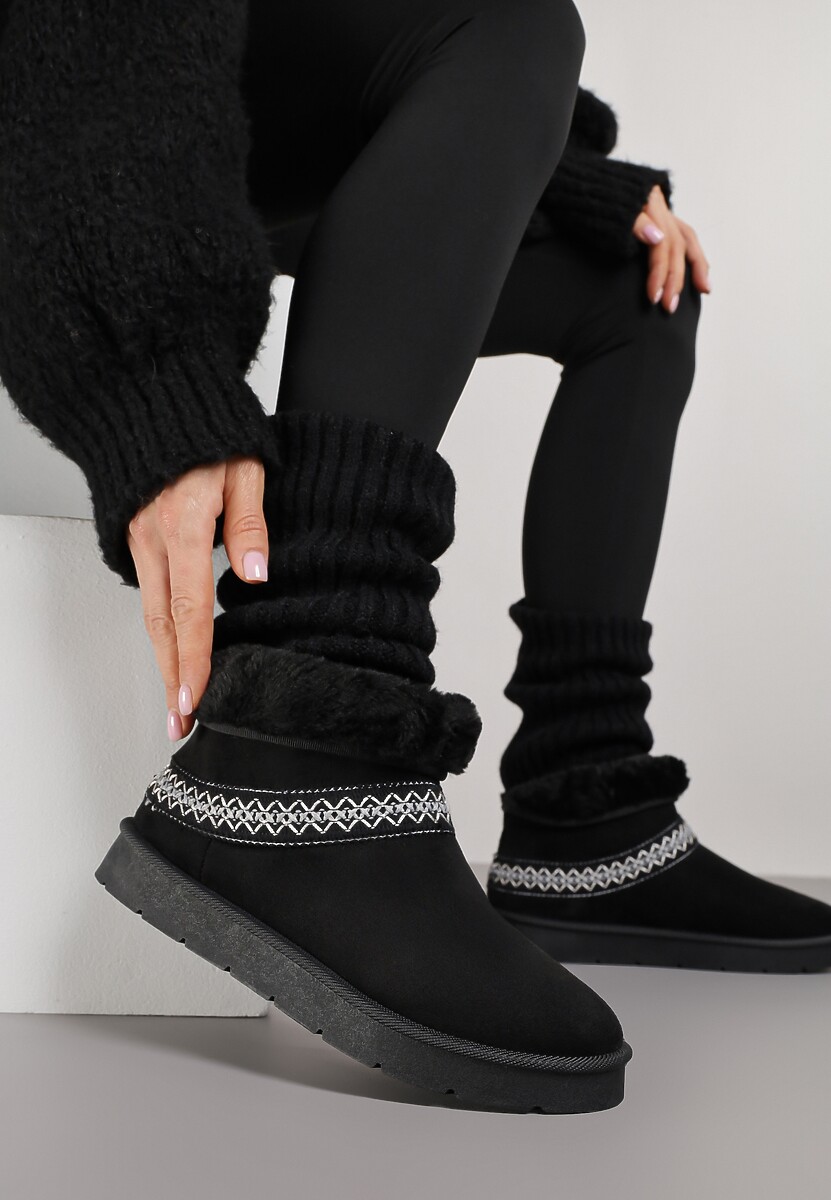 Ciemnobrązowe Rustykalne Śniegowce z Imitacji Zamszu z Haftem i Futerkiem Zetilda