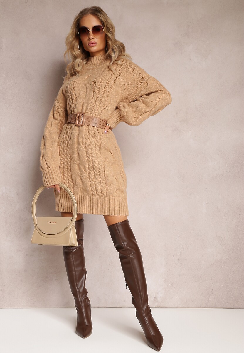 Beżowy Długi Sweter o Luźnym Kroju z Warkoczykowym Splotem Penerria