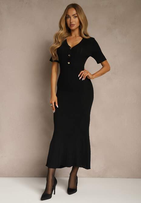 Czarna Taliowana Sukienka z Dzianiny z Wiskozą z Guzikami przy Dekolcie Fenittia