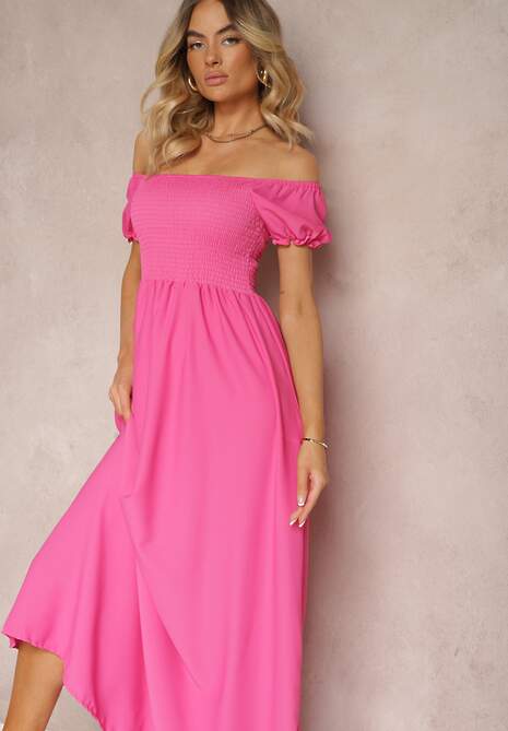 Różowa Sukienka z Gumeczkami w Talii i Przy Dekolcie z Rozkloszowanym Dołem Anideta