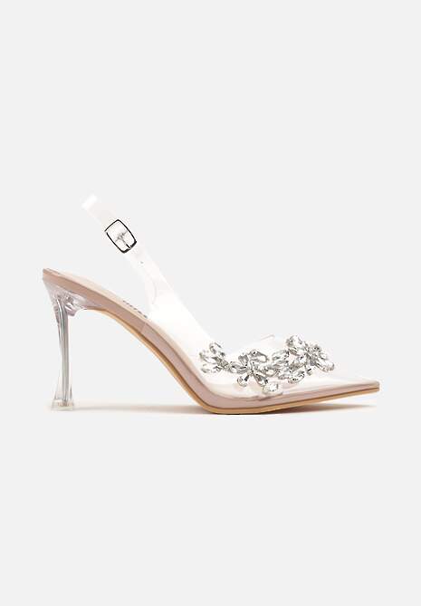 Beżowe Transparentne Sandały Szpilki Slingback Ozdobione Cyrkoniami Avelsemi