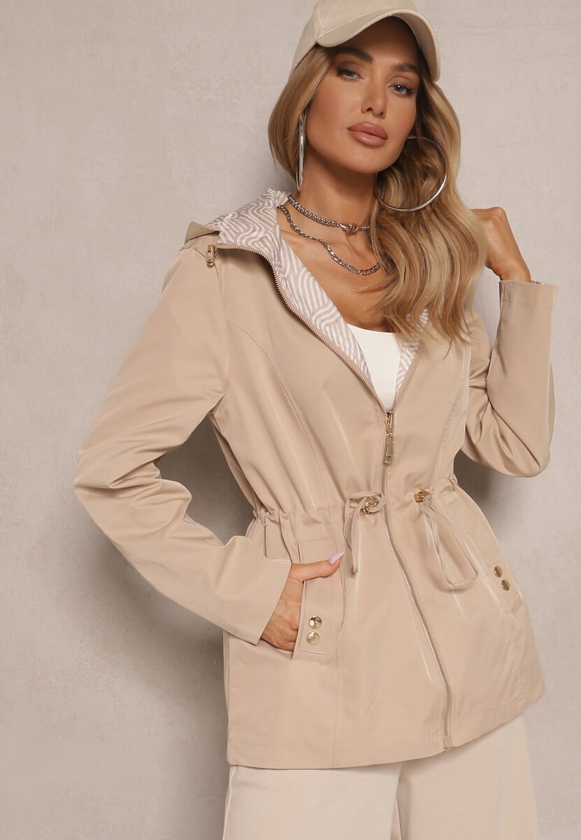 Beżowa Dwustronna Kurtka o Kroju Parki z Kapturem z Możliwością Odpięcia Desitiela