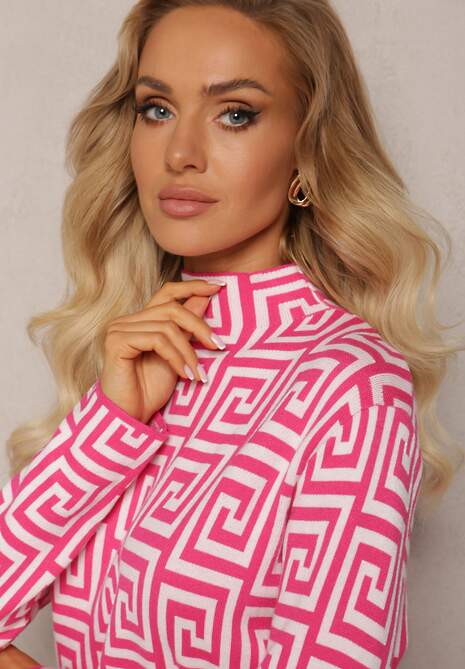 Fuksjowy Sweterkowy Półgolf z Dzianiny o Geometrycznym Motywie i Dodatkowymi Zamkami Vulla