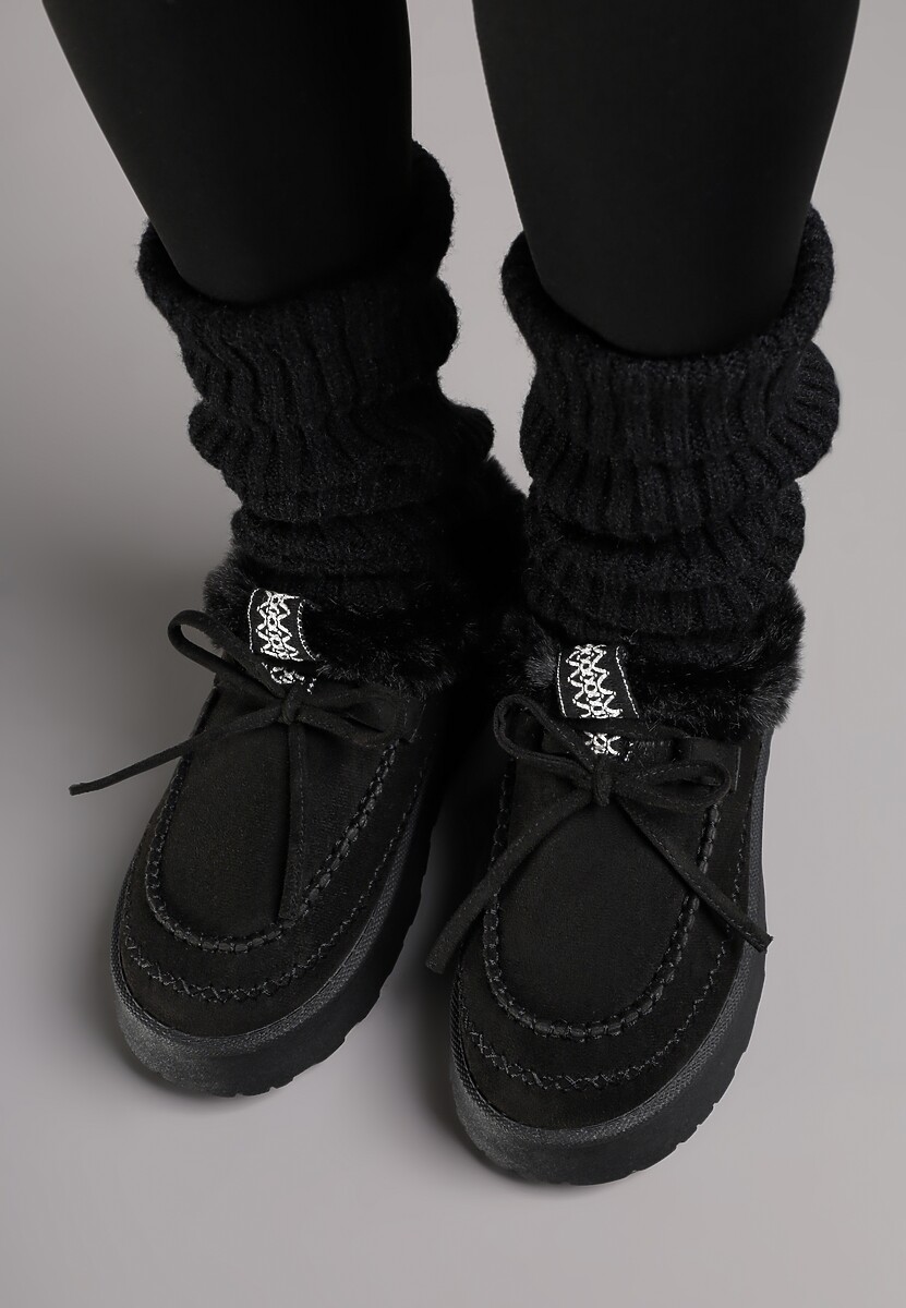 Czarne Rustykalne Śniegowce z Niską Cholewką Zdobione Futrem i Kokardą Tuspena