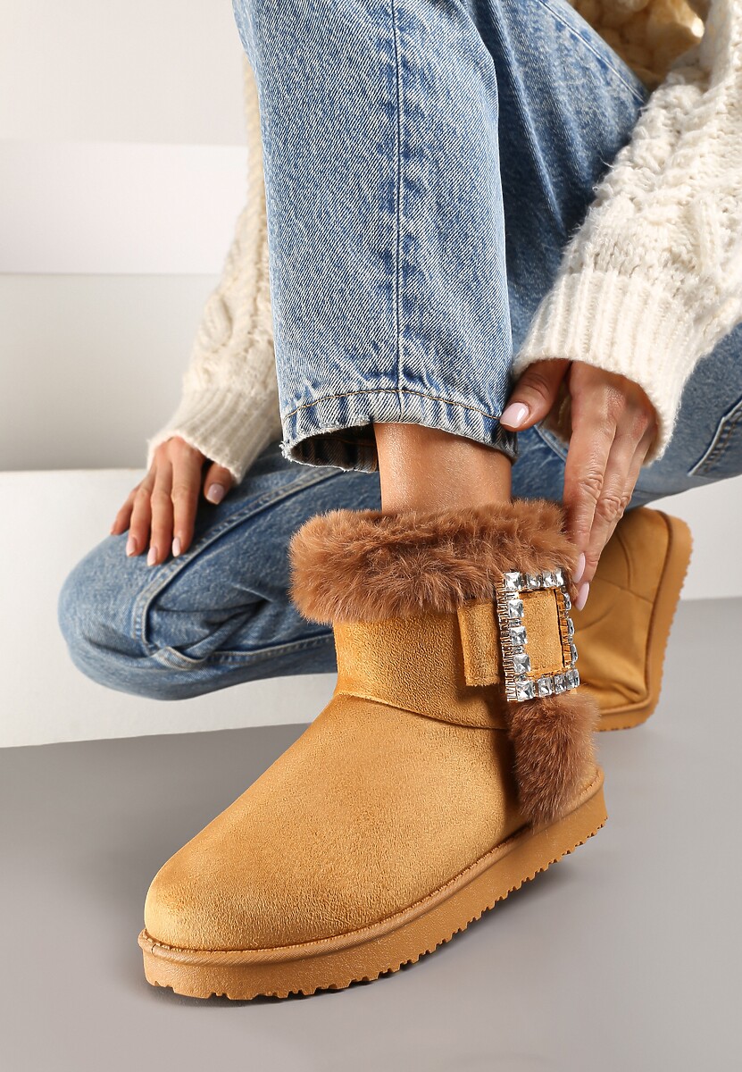 Brązowe Śniegowce  na Płaskiej Podeszwie z Futerkiem i Klamrą z Cyrkoniami Liliara