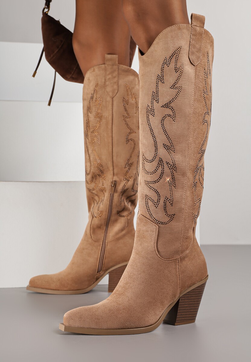 Ciemnobeżowe Kozaki Kowbojki na Stożkowym Obcasie Zdobione Cyrkoniami Nalera