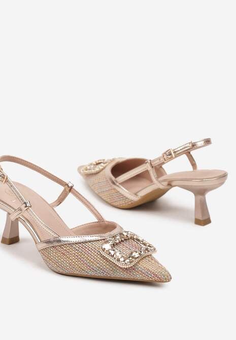 Szampańskie Sandały na Szpilce Slingback Ozdobione Cyrkoniami Fonaviel
