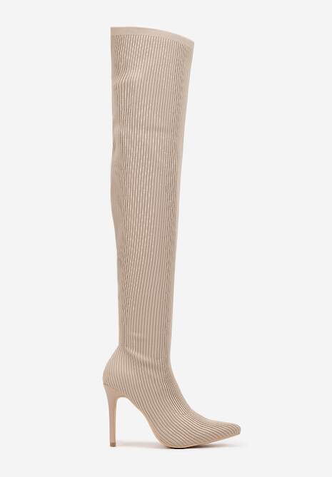 Beżowe Kozaki na Szpilce ze Skarpetową Cholewką Erilane