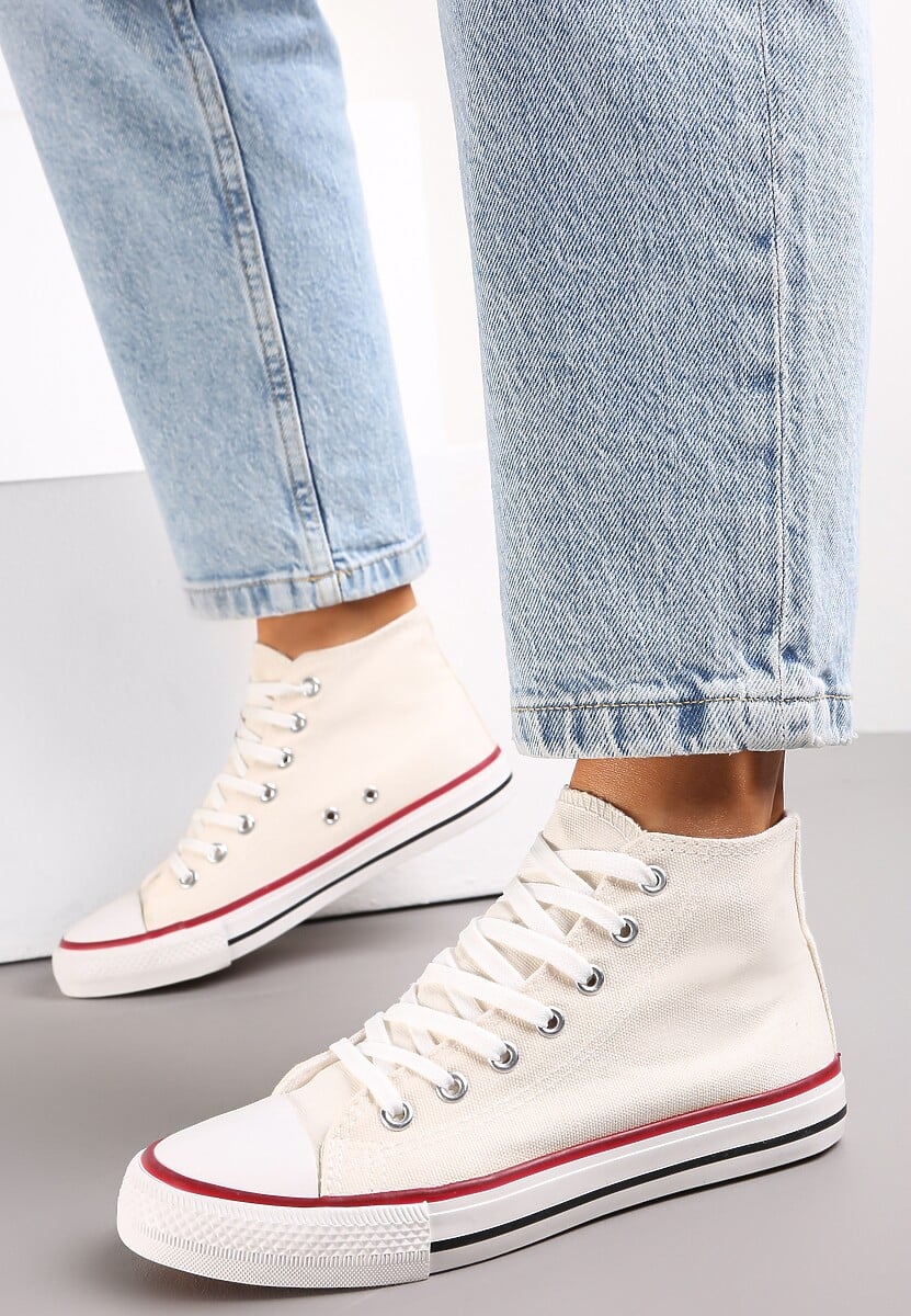 Białe Trampki na Płaskiej Podeszwie z Lamówką Vinys