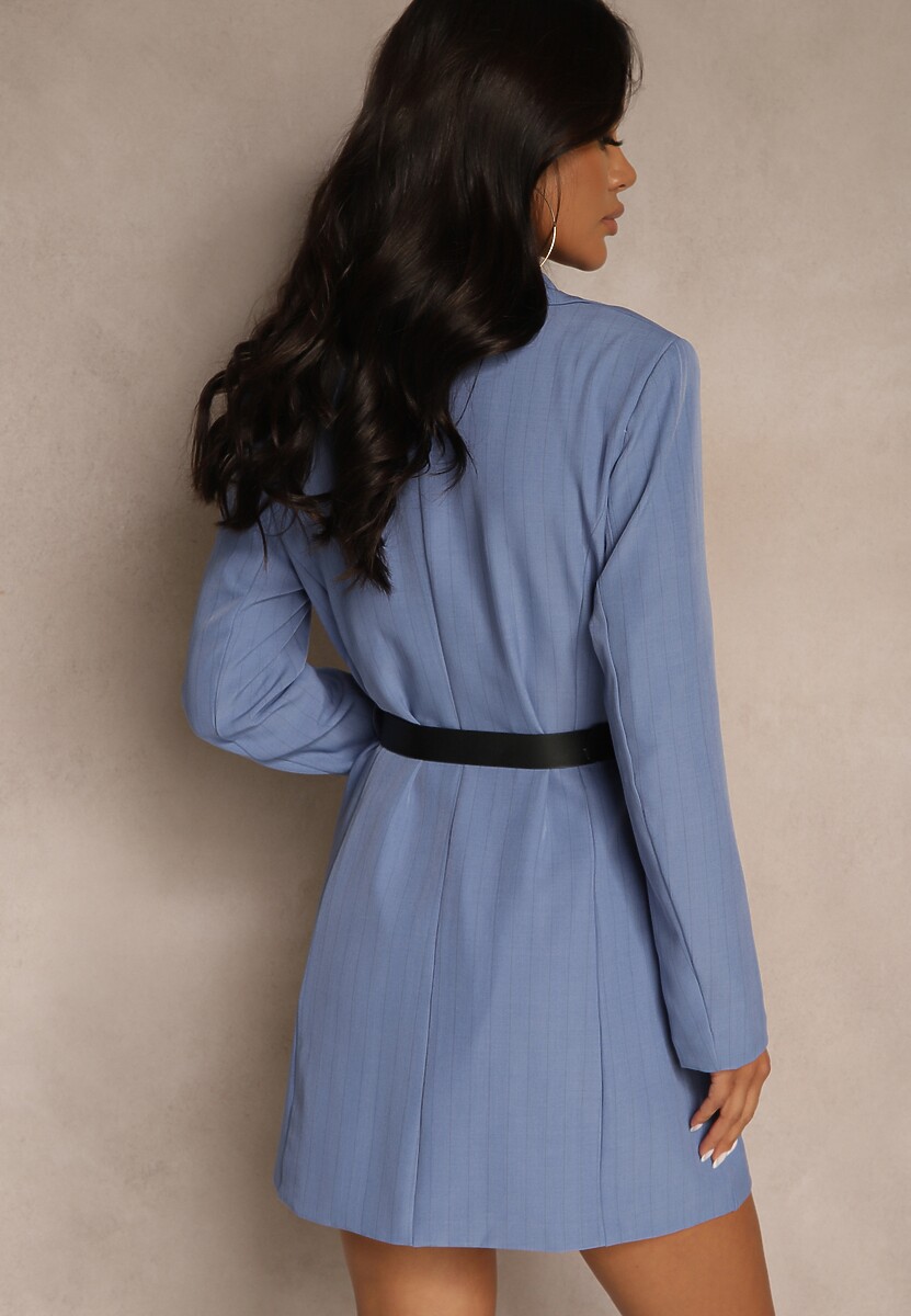 Niebieska Marynarkowa Sukienka z Wiskozą i Usztywnionymi Ramionami w Paski Nevarae