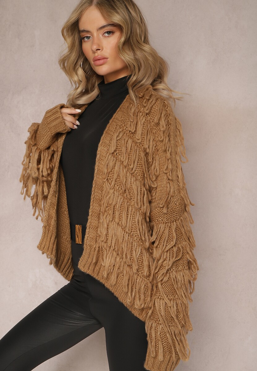 Szary Niezapinany Kardigan z Frędzlami Segentri