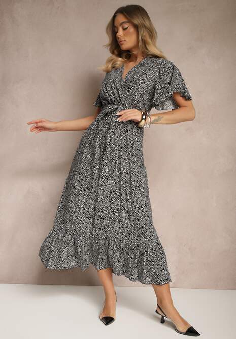 Czarna Sukienka z Bawełny z Kopertowym Dekoltem i Paskiem Hulinea