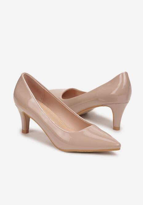 Beżowe Szpilki z Lakierowanej Imitacji Skóry na Niskim Obcasie Mondia