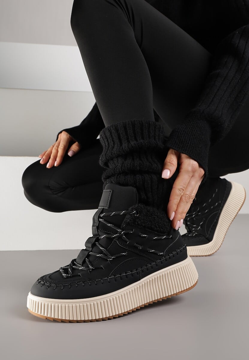 Czarne Śniegowce Traperki Vices z Futerkiem Typu Baranek i Platformą Terivelle