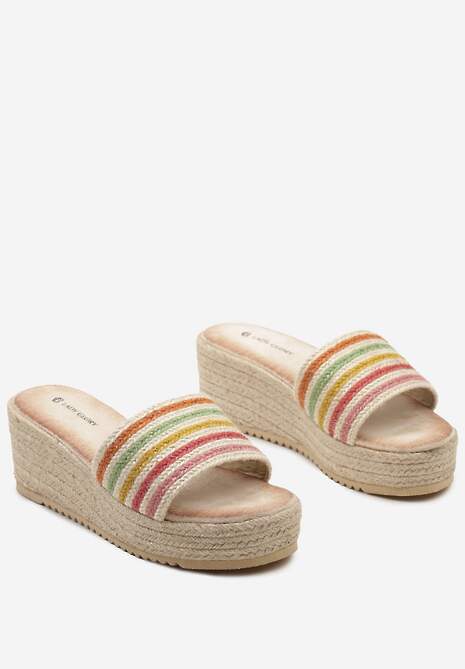 Różowo-Beżowe Klapki z Wyściółką z Ekozamszu na Koturnie Ozdobionym Plecionką  Fitesa