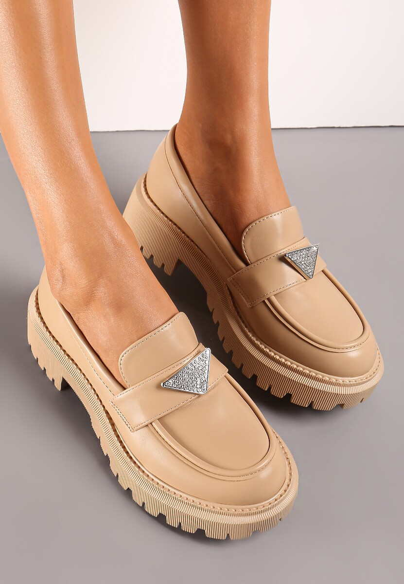 Ciemnobeżowe Mokasyny na Grubej Podeszwie Ozdobione Cyrkoniami Mavalis