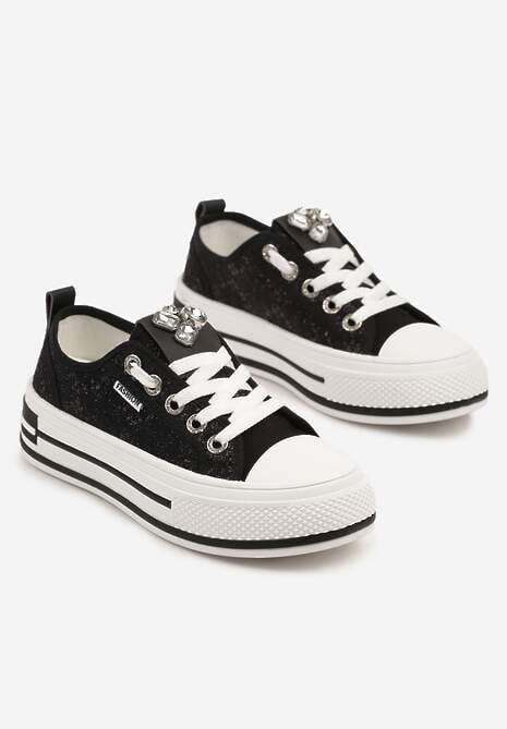 Czarne Trampki na Platformie z Cyrkoniami i Koronką Nusilwen