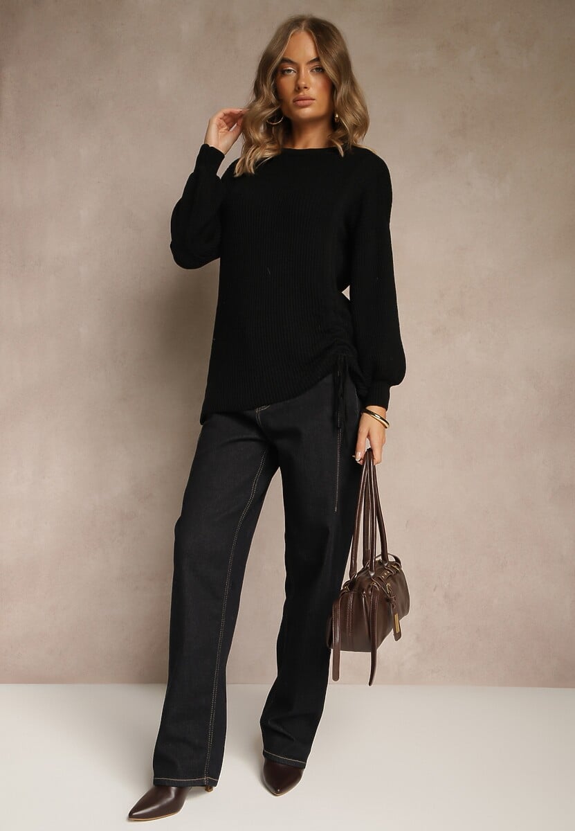 Czarny Sweter z Wiskozą o Prostym Kroju z Bocznym Ściągaczem Tivadella
