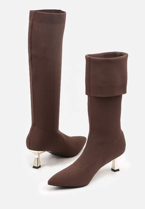 Brązowe Kozaki Vices na Kaczuszce Ozdobione Skarpetową Cholewką Asonelle