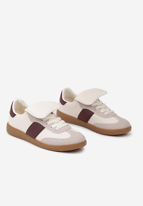 Beżowo-Bordowe Sznurowane Płaskie Sneakersy z Geometrycznym Wzorem Felilva
