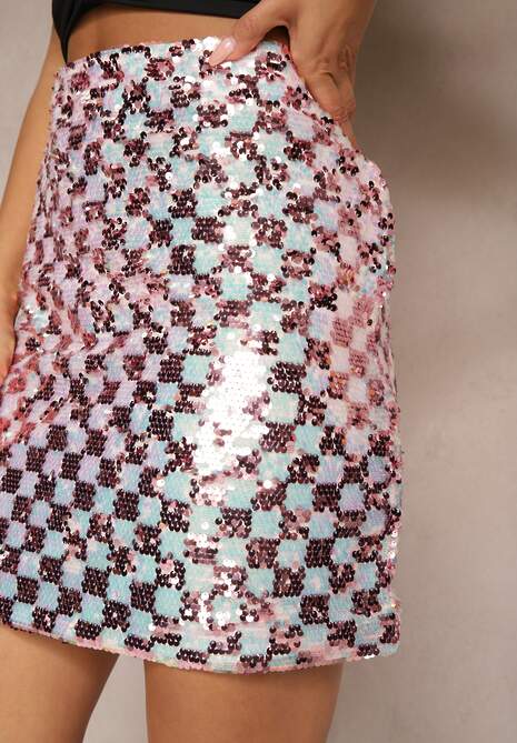 Różowa Spódnica o Dopasowanym Kroju w Kratkę Zdobiona Cekinami Maltintia