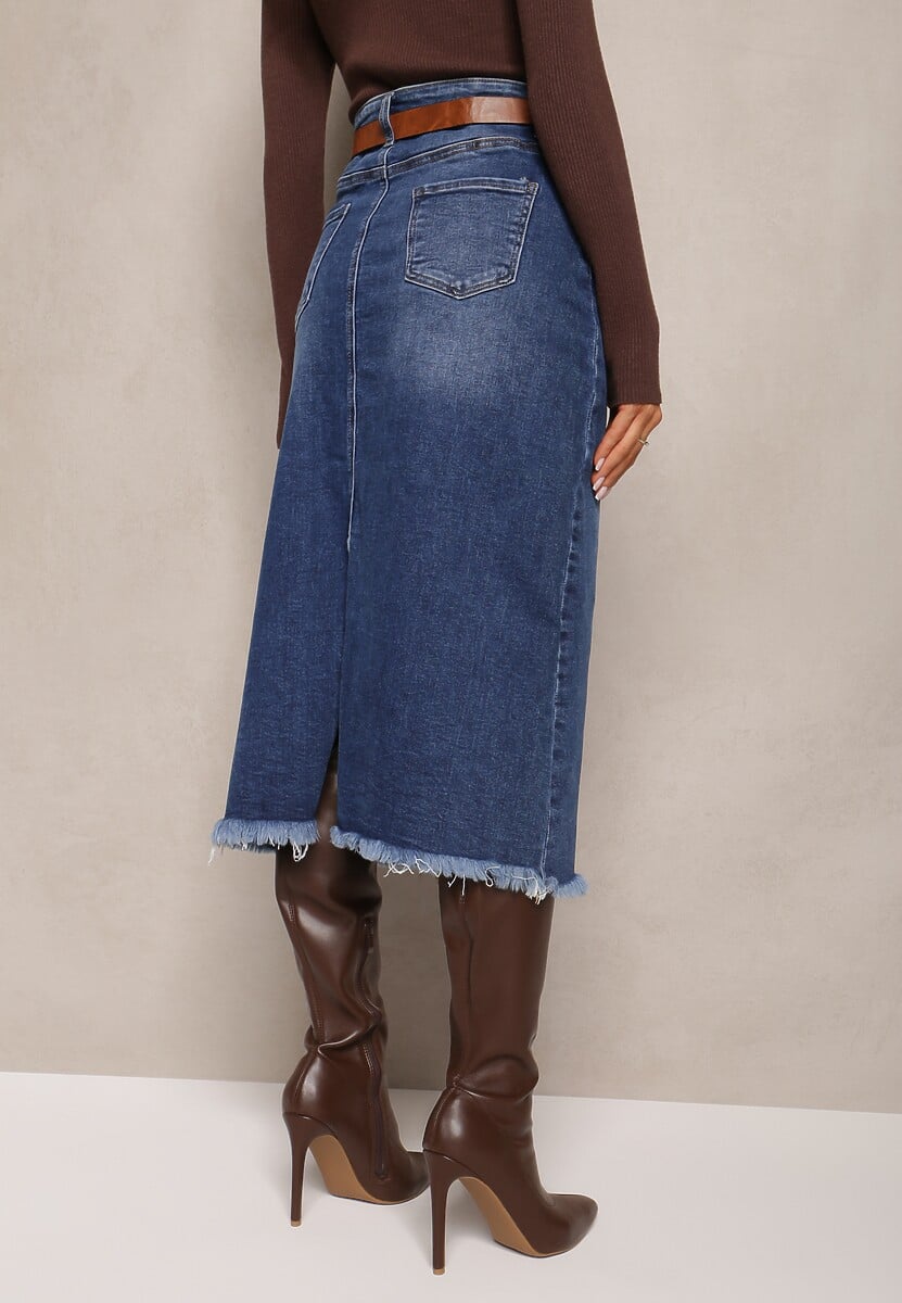 Niebieska Jeansowa Spódnica Midi z Paskiem i Ozdobnym Rozcięciem Amaias