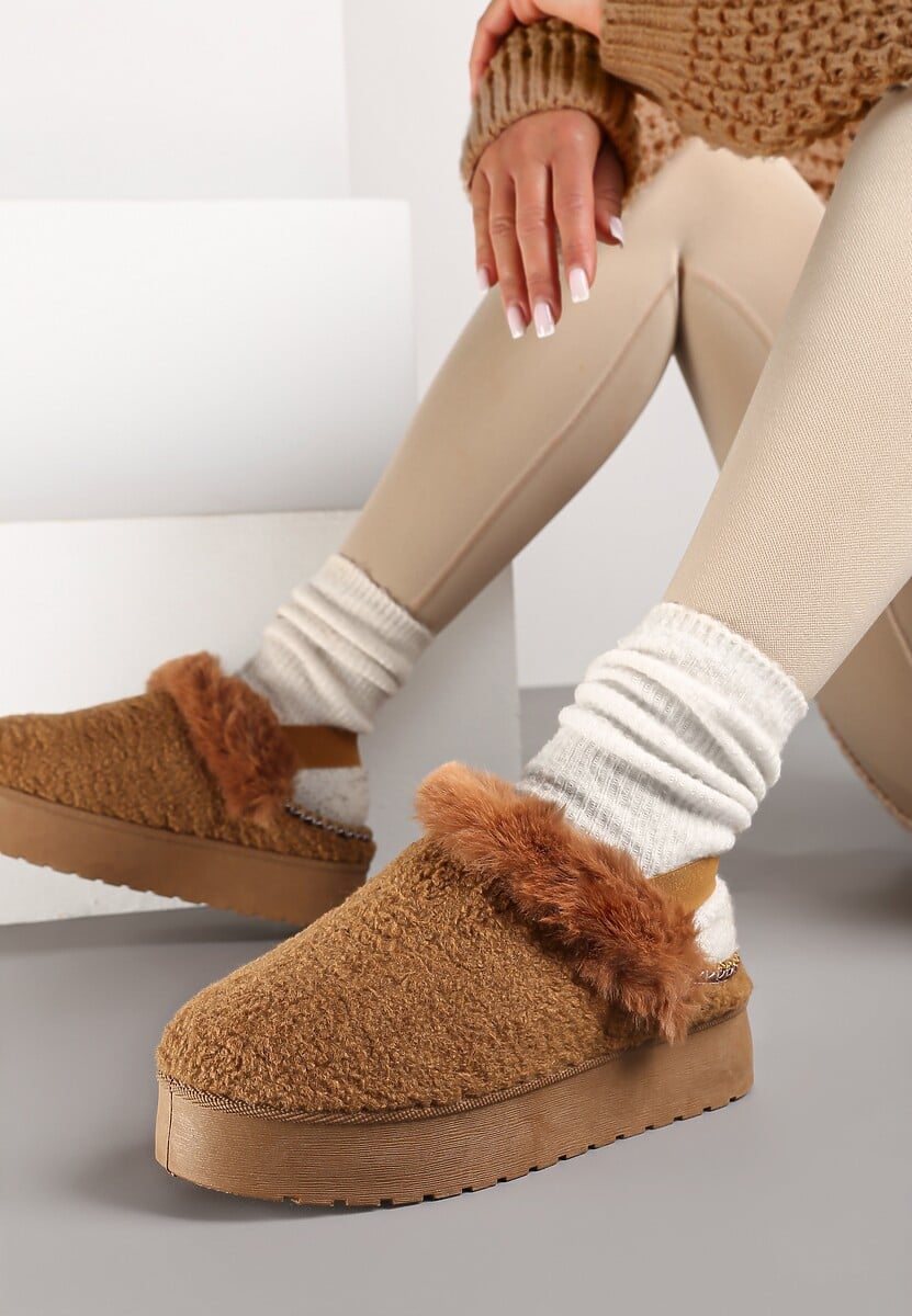 Brązowe Futerkowe Śniegowce na Grubej Podeszwie z Gumką na Pięcie Sosena
