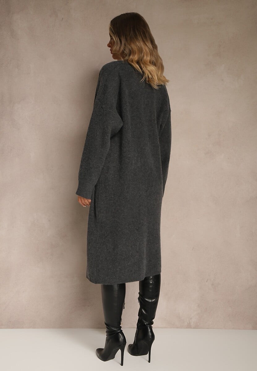 Ciemnoszary Dzianinowy Komplet z Wełną Prążkowana Sukienka i Długi Kardigan Falonessa