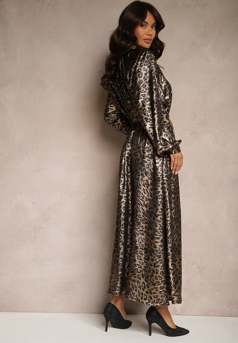 Czarno-Złota Połyskująca Sukienka w Panterkę Wiązana w Pasie Alissin