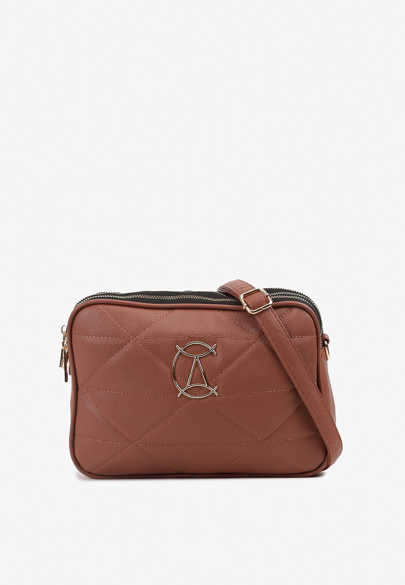 Jasnobrązowa Mała Torebka Typu Listonoszka Ozdobiona Metalową Aplikacją z Regulowanym Paskiem Everenna