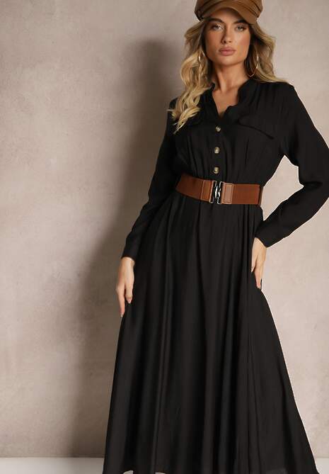 Czarna Koszulowa Sukienka o Rozkloszowanym Kroju z Paskiem i Gumką Zinfretta