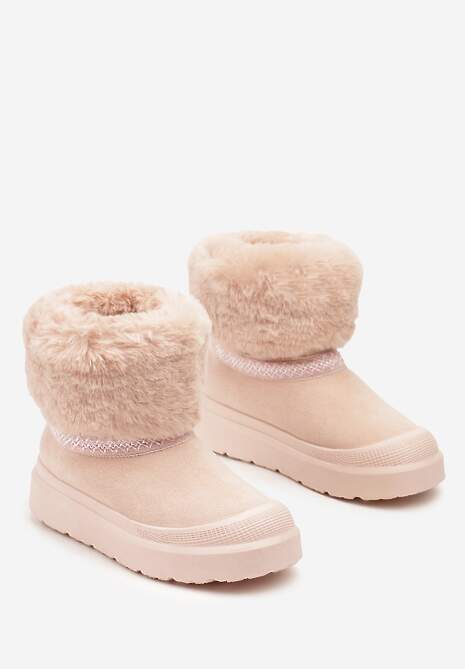 Różowe Śniegowce na Płaskiej Podeszwie Ozdobione Futerkiem i Haftem Lannetea