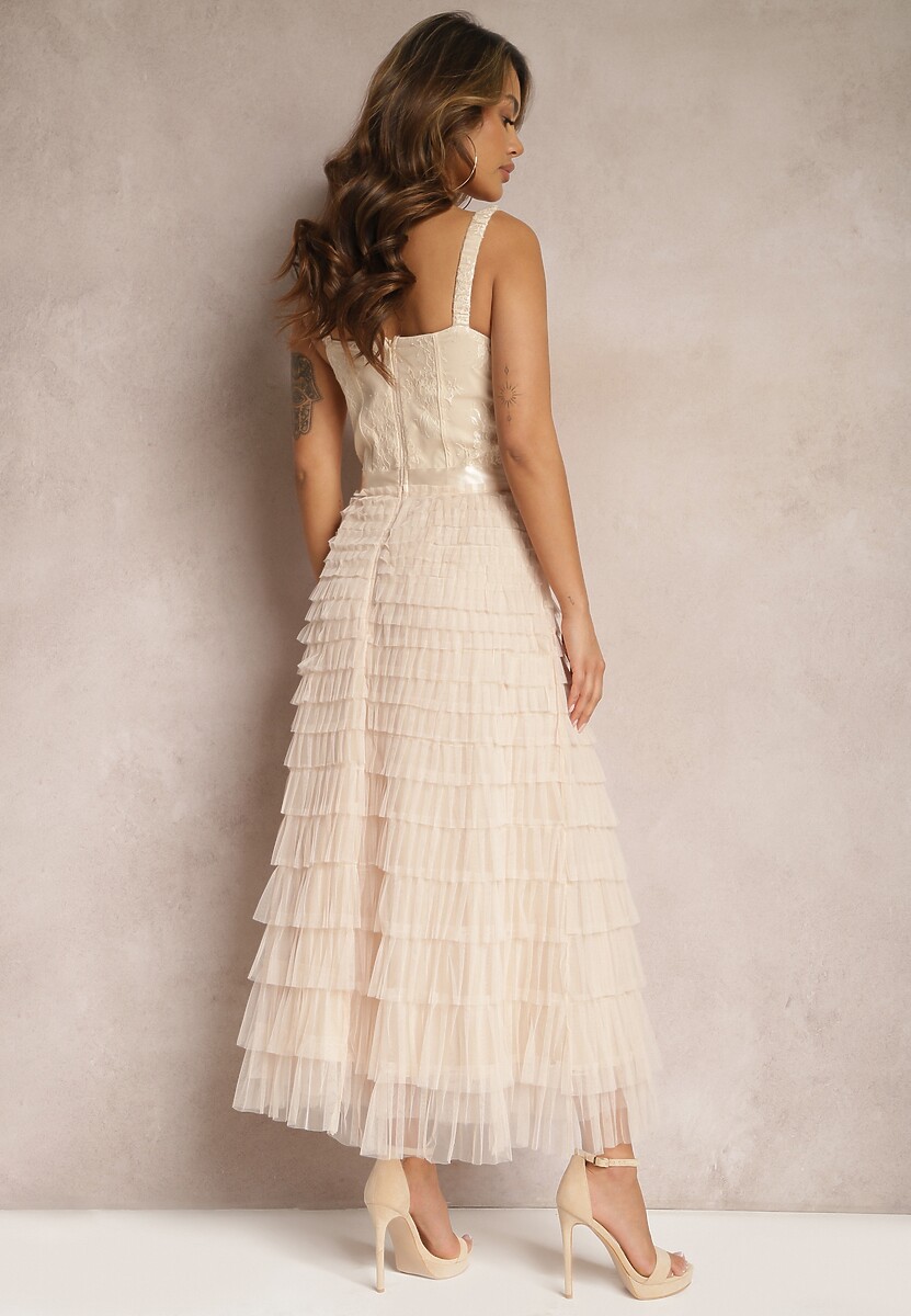 Jasnobeżowa Maxi Sukienka Rozkloszowana Sukienka na Ramiączkach z Gorsetową Górą Ocartia