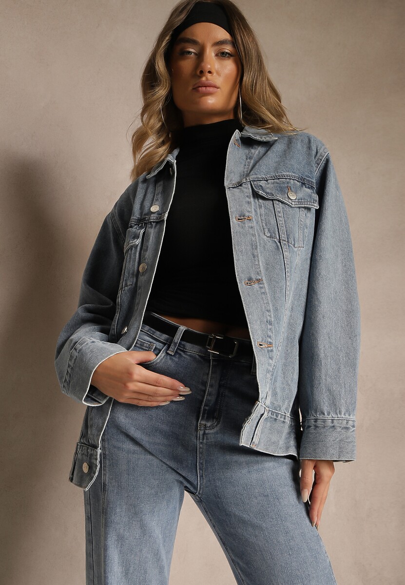 Niebieska Kurtka Jeansowa o Casualowym Fasonie Belissen