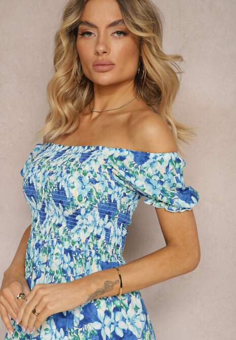 Niebieska Hiszpanka Sukienka o Rozkloszowanym Kroju i Gumkami przy Dekolcie Kaseria