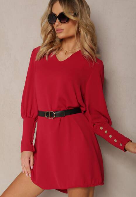 Bordowa Pudełkowa Sukienka z Rozkloszowanym Dołem i Bufiastymi Rękawami Kaimana