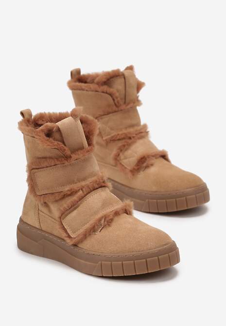 Brązowe Botki za Kostkę z Ozdobnym Futerkiem Eskara