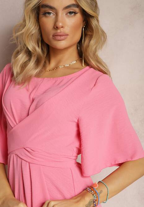 Różowa Rozkloszowana Sukienka Maxi z Szerokim Rękawem i Gumką w Pasie Sador