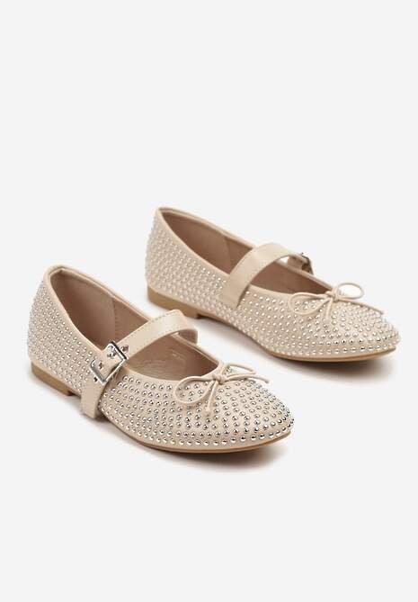 Beżowe Balerinki Mary Jane Ozdobione Kokardą i Cyrkoniami Lurisellia