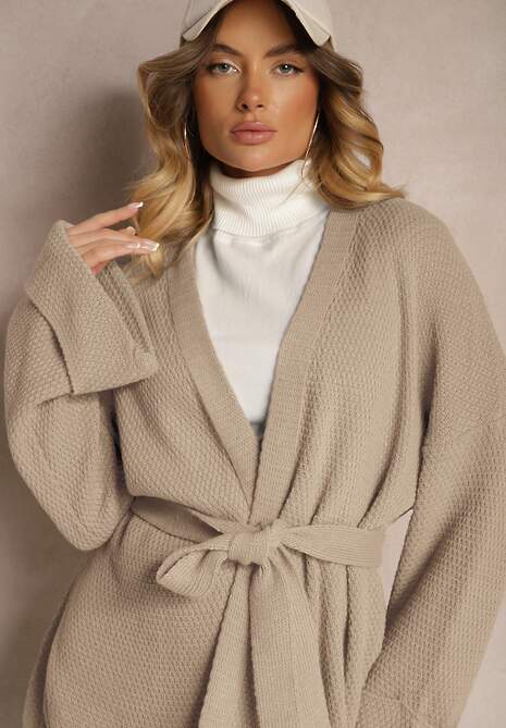 Beżowy Sweterkowy Komplet Kardigan z Wiązaniem i Szerokie Spodnie Edionisa