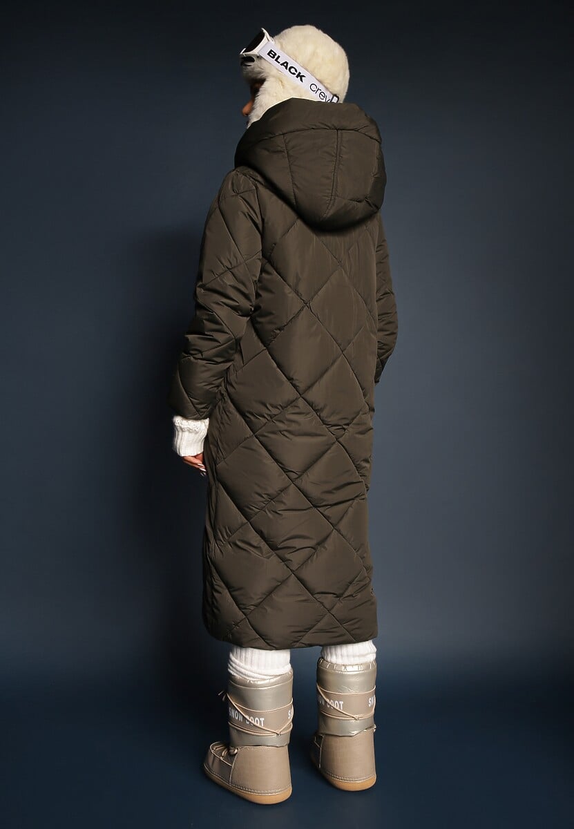 Ciemnozielona Pikowana Kurtka Płaszcz za Kolano z Kapturem Kinassan