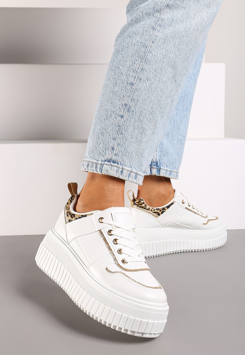 Biało-Brązowe Sznurowane Sneakersy na Platformie Ozdobione Panterką Ivenora