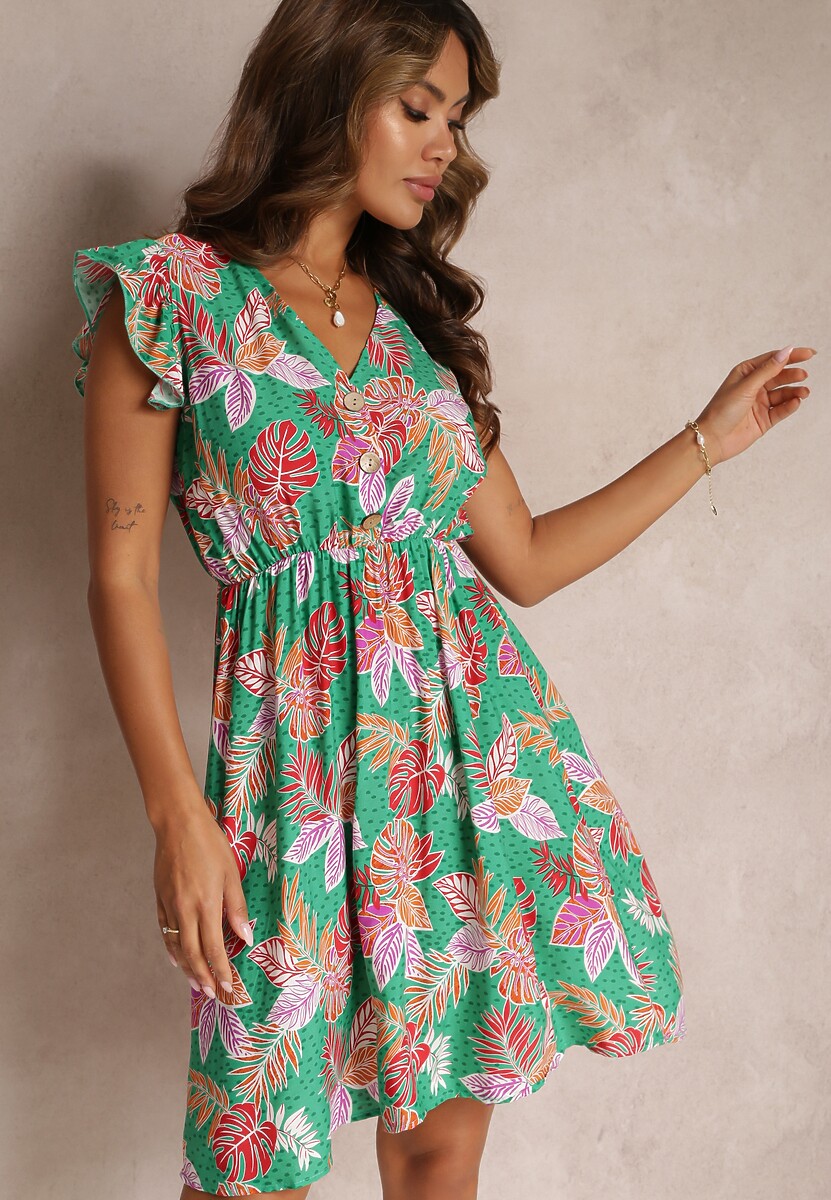 Zielona Wiskozowa Sukienka Mini z Gumką w Pasie i Ozdobnymi Guzikami Trypha