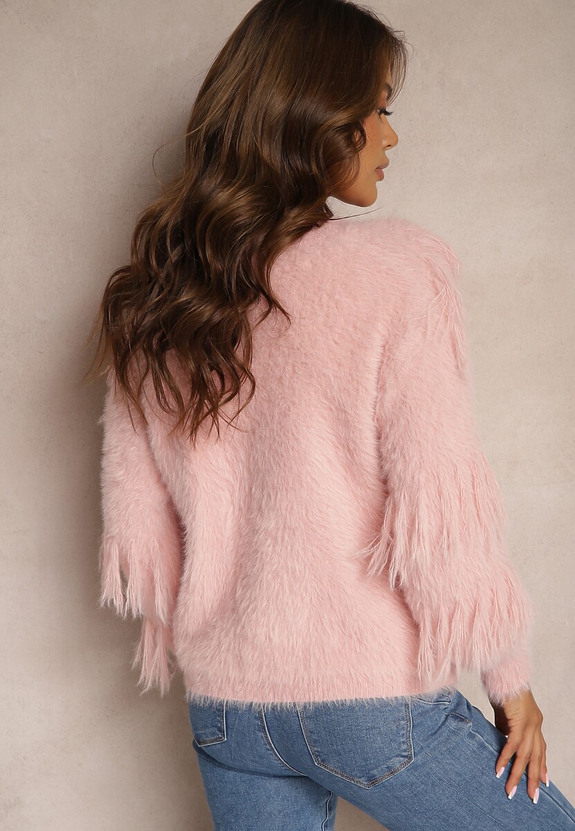 Różowy Casualowy Kardigan Puchaty z Wełną Frędzlami i Guzikami Mavanira