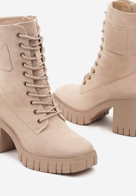 Beżowe Botki na Słupku i Platformie ze Sznurowaniem Ameni