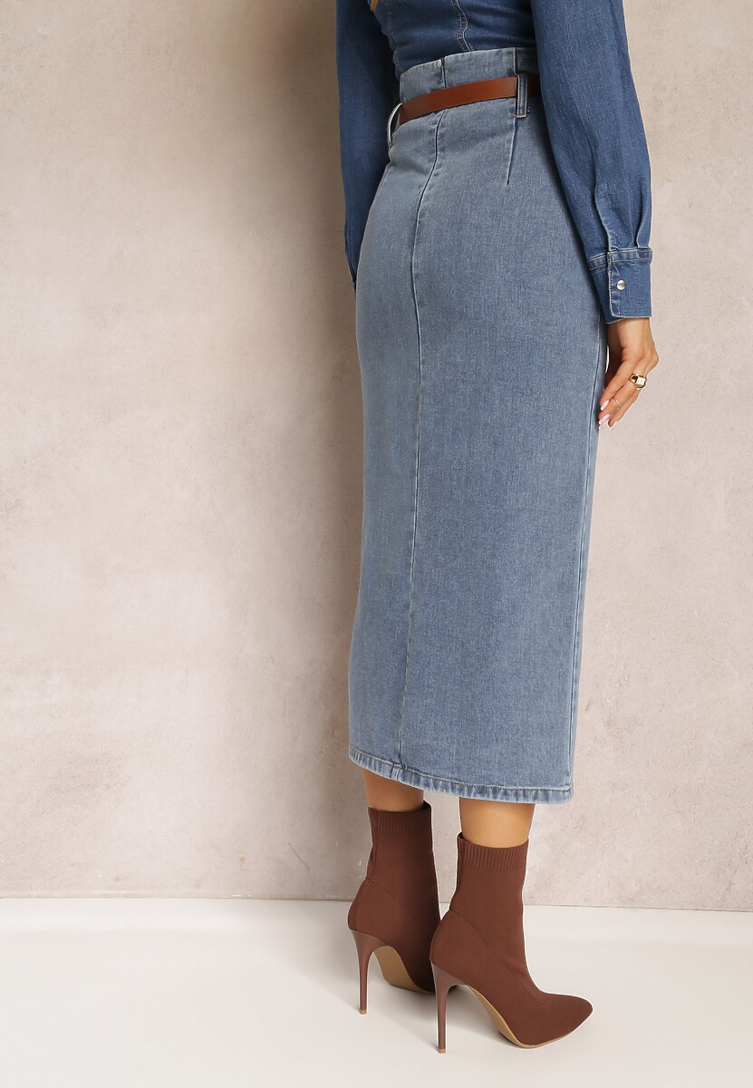 Granatowa Jeansowa Spódnica Ołówkowa z Dodatkowym Paskiem Caladyn