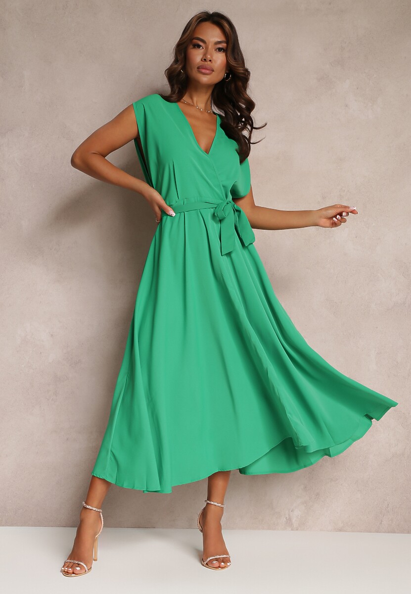 Zielona Rozkloszowana Sukienka Maxi z Kopertowym Dekoltem i Wiązanym Paskiem Hallona