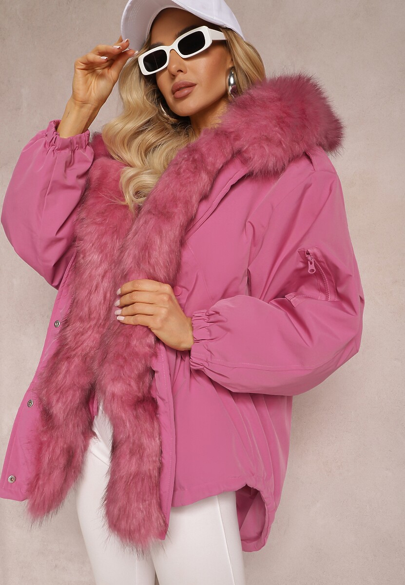 Różowa Kurtka Parka Oversize z Futerkiem Horelle
