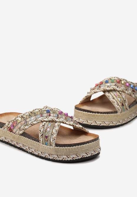 Beżowe Klapki Ozdobione Kolorową Nitką Cyrkoniami i Brokatem na Grubej Podeszwie Adanrie