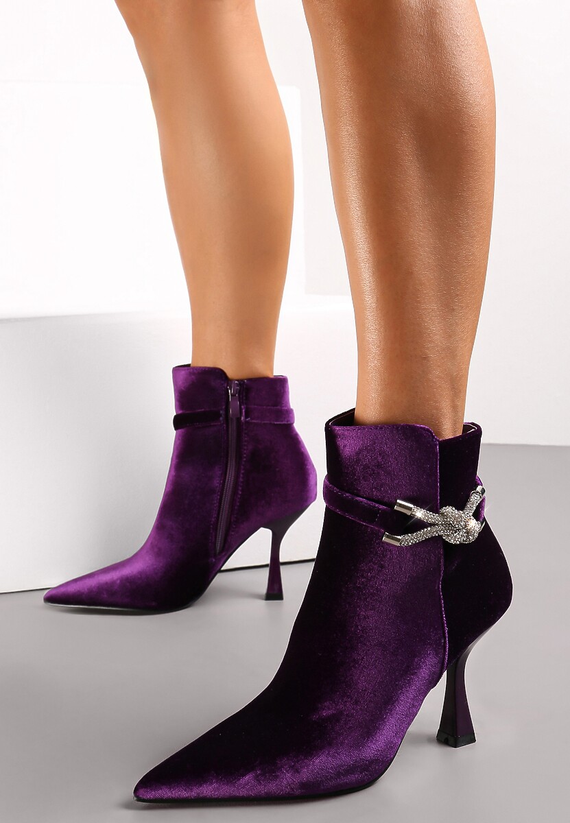 Fioletowe Botki z Welurowego Materiału na Geometrycznej Szpilce z Ozdobą z Cyrkoniami Christe